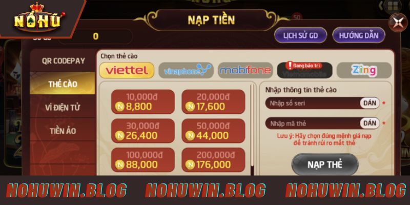 Hướng dẫn tân binh thực hiện nạp tiền NOHUWIN